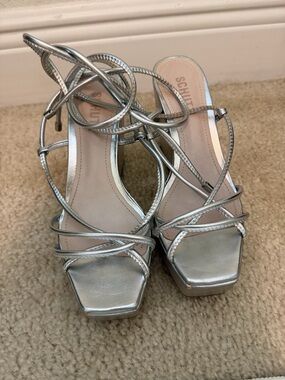 SCHUTZ Metallic Silver Strappy Lace-Up Heels